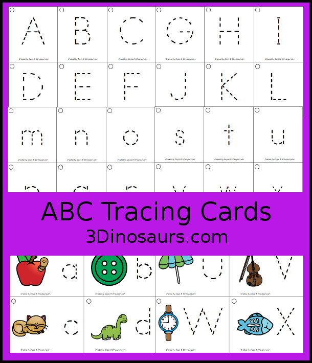 Free ABC Tracing Cards - with uppercase and lower case options with pictures and without pictures- 3Dinosaurs.com