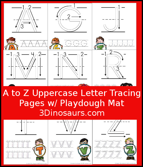 Free ABC Letter Tracing Pages Uppercase with Playdough Mats - with uppercase letters from a to z with two tracing options the letters for kids to use with guidelines for the playdough math. It has 52 pages of printables - 3Dinosaurs.com