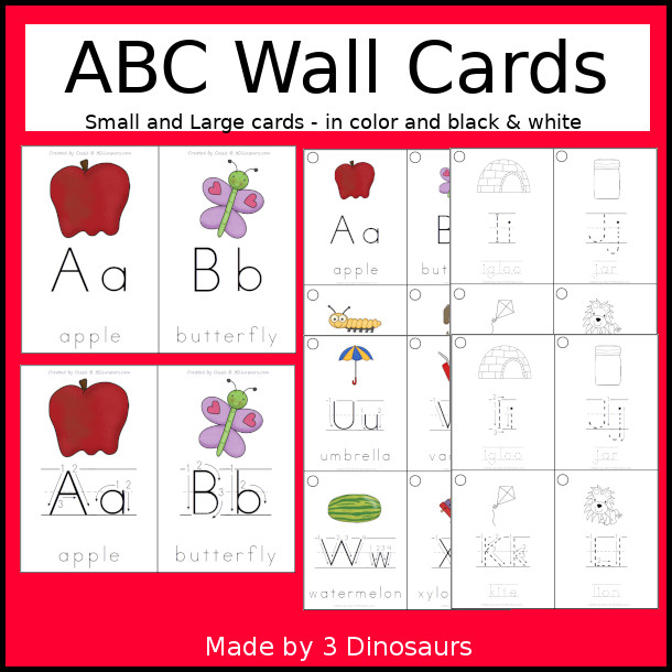 ABC Wall Cards Collection - they come in color and black and white. They come in two different sizes and two types of each wall cards. The black and white has tracing of the letters - 3Dinosaurs.com