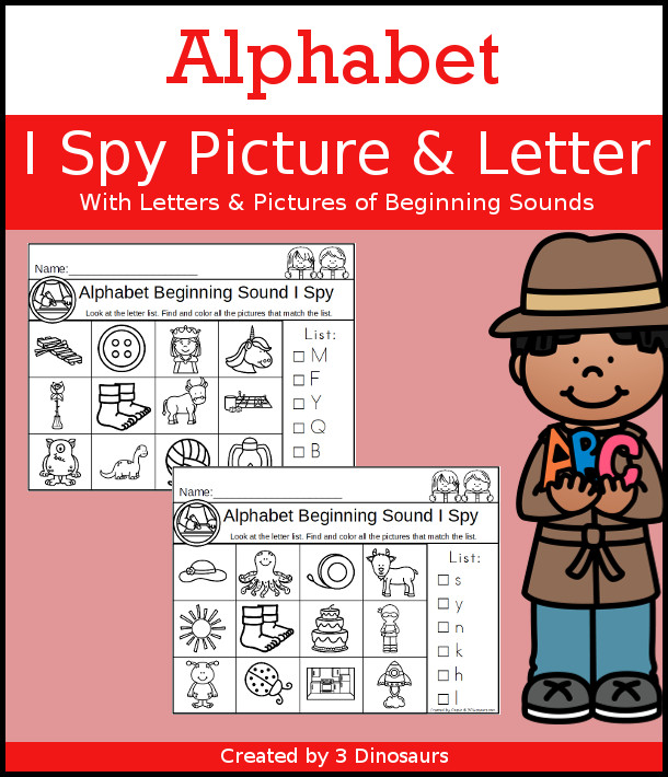 Alphabet Beginning Sound I Spy Printables Set with uppercase and lowercase options with looking at the letter and finding the beginning sound with a mix of letters on the page - 3Dinosaurs.com