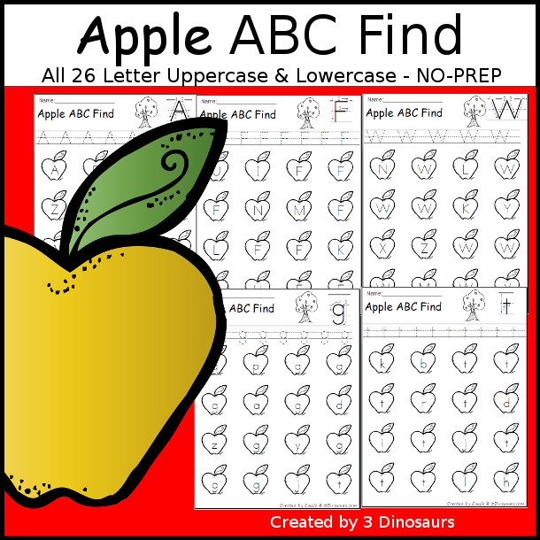 Apple Themed ABC Find: Uppercase or Lowercase with tracing with 52 pages of printables with tracing the letter and find the letter on the apple - 3Dinosaurs.com