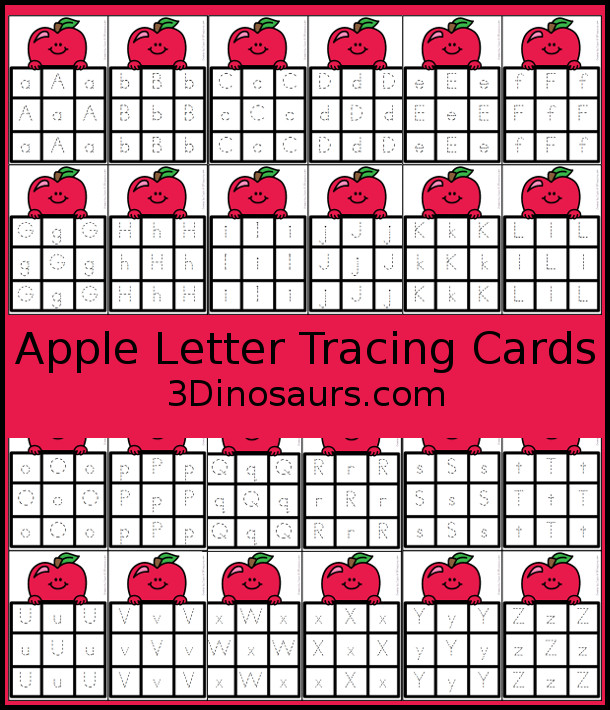 Free Apple ABC Tracing Cards with a 3 by 3 tracing rows of uppercase and lowercase letters. A fun way to change up handwriting for kids. - 3Dinosaurs.com