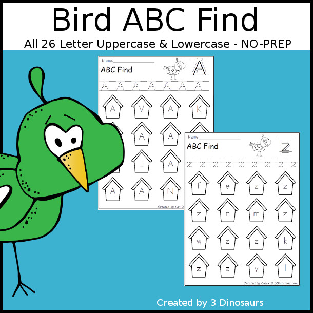 Bird ABC Letter Find Printable - with uppercase only and lowercase only printables to trace letters and then find letters on the page with a bird and birdhouse theme. It has 52 pages of printables- 3Dinosaurs.com