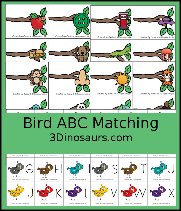 Free Bird ABC Matching Printable - a super fun way to work on beginning sounds for letters with a branch with a picture of a letter and birds with uppercase letters to match - 3Dinosaurs.com