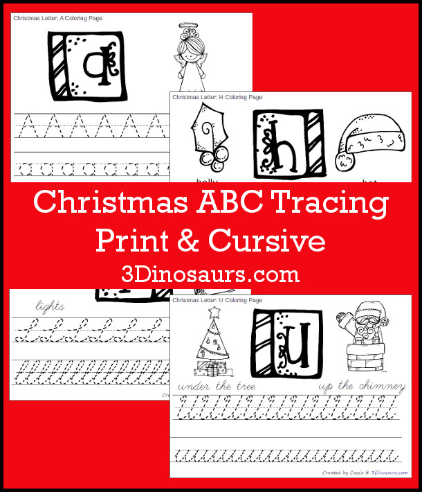 Free Christmas Themed ABC Tracing - print and cursive options with all 26 letters. You have uppercase and lowercase on each page for kids to trace - 3Dinosaurs.com