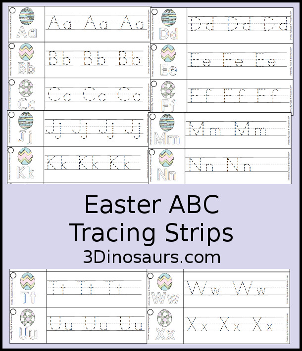 Free Easter Egg Theme ABC Tracing Strips - with uppercase and lowercase together - 3Dinosaurs.com