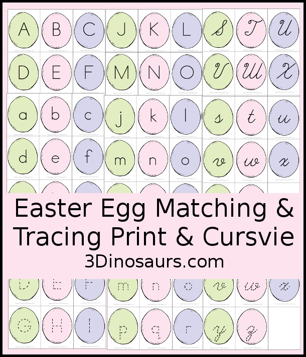 Free Easter Egg ABC Tracing & Matching: Print & Cursive - matching cards uppercase and lowercase with tracing matching cards in print and cursive letters - 3Dinosaurs.com