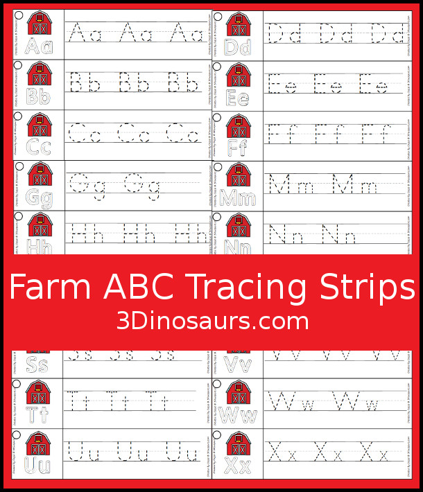 Free Farm ABC Tracing Strips - with uppercase and lowercase together. You have fun kids with a farm barn, plus you can see an example of how to trace the letters - 3Dinosaurs.com