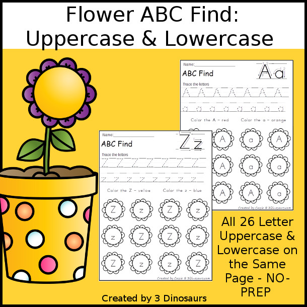 Flower ABC Letter Find for Uppercase & Lowercases Letters - with tracing the letters and then finding the uppercase letter and the lowercase letter - 3Dinosaurs.com