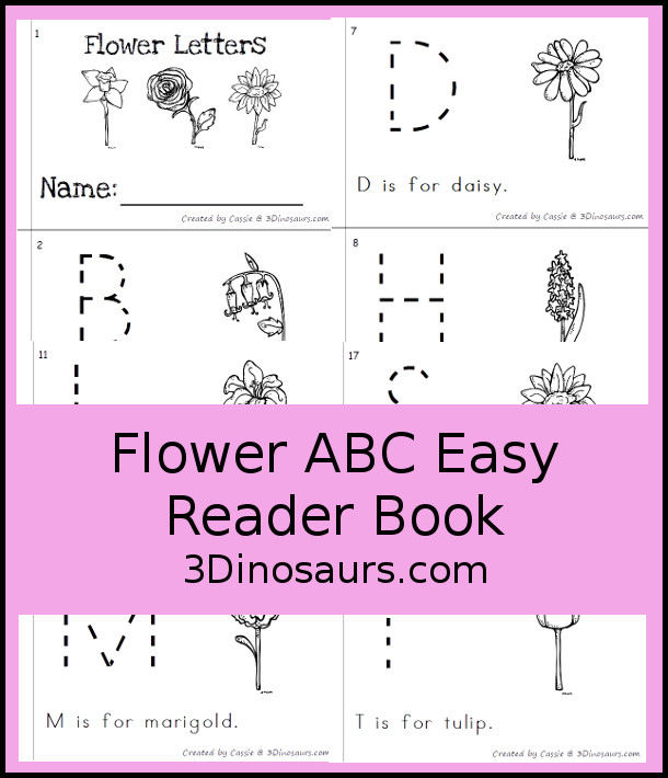 Free Flower ABC Easy Reader Book Printable - is a 19 pages book with 18 flowers for kids to trace the uppercase beginning sound and read a simple sentence - 3Dinosaurs.com 