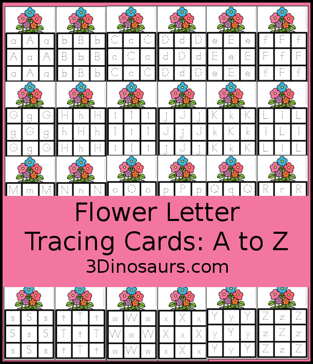 Free Flower ABC Tracing Cards with a 3 by 3 tracing rows of uppercase and lowercase letters. A fun way to change up handwriting for kids. - 3Dinosaurs.com