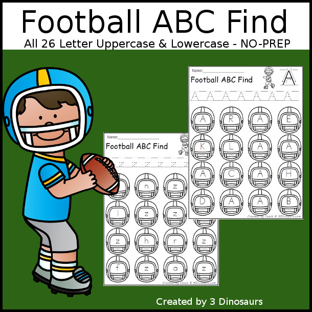 Easy No-Prep Football Find - easy no-prep printables with a fun football helmet theme 52 pages with uppercase and lowercase $ - 3Dinosaurs.com