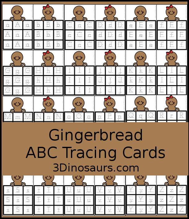 Free Gingerbread ABC Tracing Cards with a 3 by 3 tracing rows of uppercase and lowercase letters. A fun way to change up handwriting for kids. - 3Dinosaurs.com