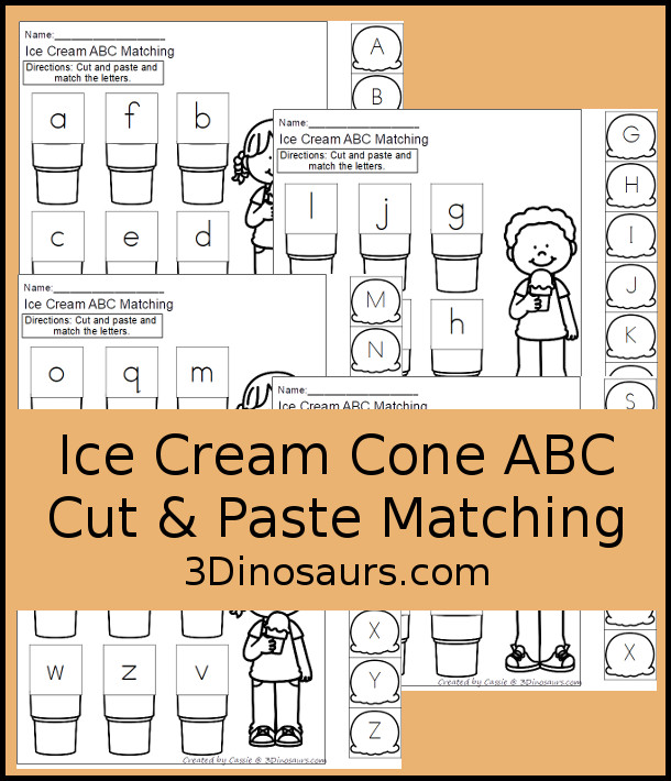 Free Ice Cream ABC Matching Printable with 5 pages of printables for matching uppercase and lowercase ABC printables - 3Dinosaurs.com