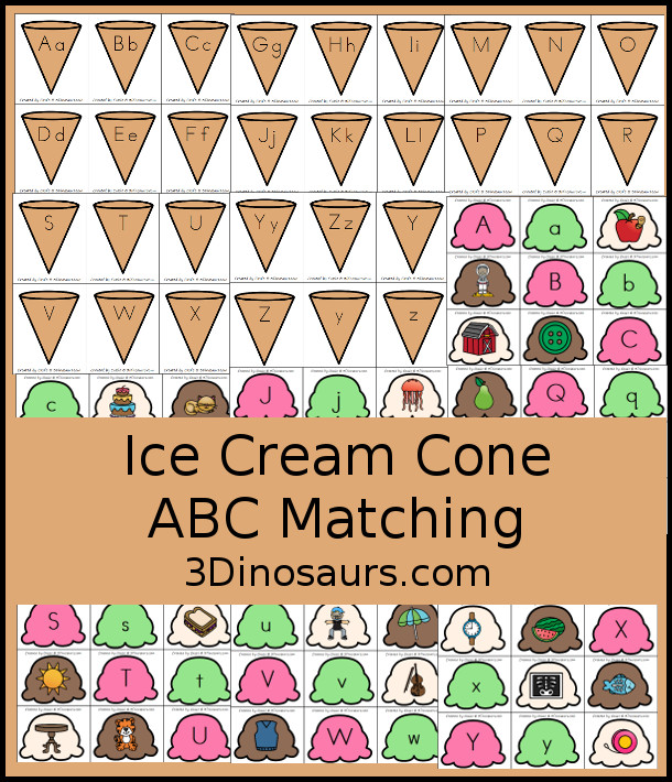 Free Ice Cream Cone ABC Matching - three cone types with 4 matching scoops for the cones. - 3Dinosaurs.com  #3dinosaurs #kindergarten #prek #ABCs #freeprintable