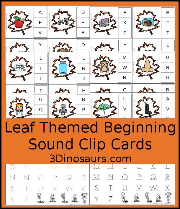 Free Leaves Themed Leaf Beginning Sound ABC Clip Cards - 26 clip cards with uppercase letters with a tracing and covering sheet - 3Dinosaurs.com