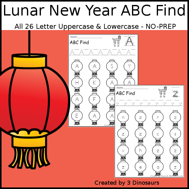 Lunar New Year ABC Letter Find has all 26 letters of the alphabet with uppercase and lowercase options. You trace the letters and then find the letters - 3Dinosaurs.com