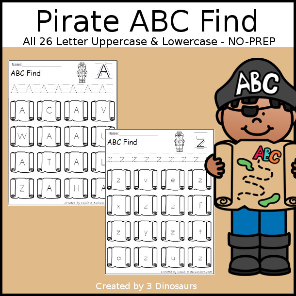 Easy No-Prep Pirate ABC Find - easy no-prep printables with a fun pirate map theme 52 pages with uppercase and lowercase $ - 3Dinosaurs.com