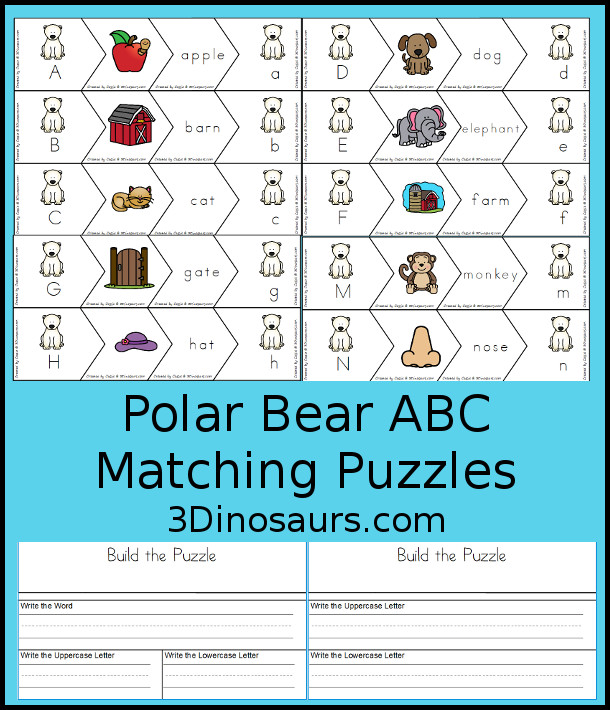 Free Polar Bear ABC Matching Puzzles - with four pieces puzzles to work on matching letters, beginning sound picture, and word with two building mats for the puzzles - 3Dinosaurs.com