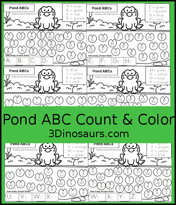 Free Pond ABC Count & Color Printable - this is a great way to work on uppercase ABCs and counting at the same time with four letters on each page and 6 pages of printables- 3Dinosaurs.com