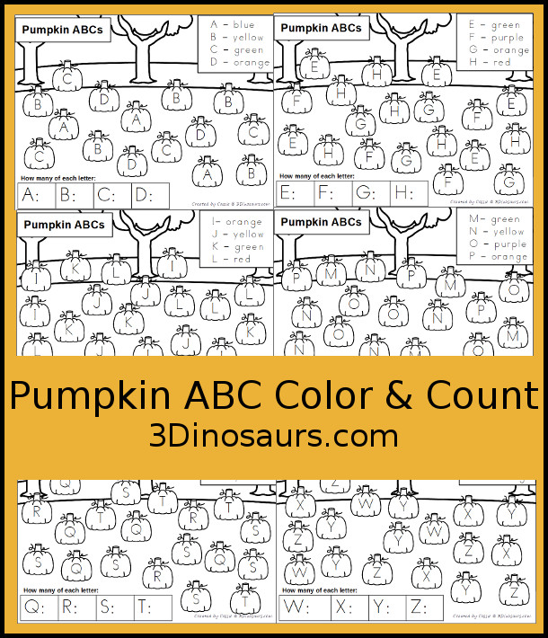 Free Pumpkin ABC Color & Count - works on uppercase letters with four letters per page and kids have fun dotting the letters and counting. Plus it is a great fall theme - 3Dinosaurs.com #3dinosaurs #nopreprintable #freeprintable #ABCs #prek #kindergarten