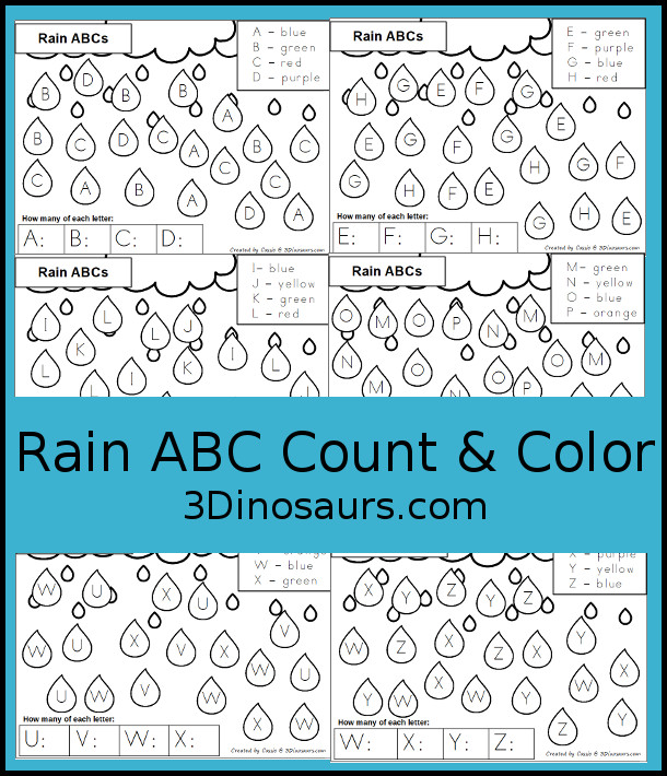 Free Rain ABC Count & Color Printable - this is a great way to work on uppercase ABCs and counting at the same time with four letters on each page and 6 pages of printables. A great no-pre printable for prek and kindergarten - 3Dinosaurs.com