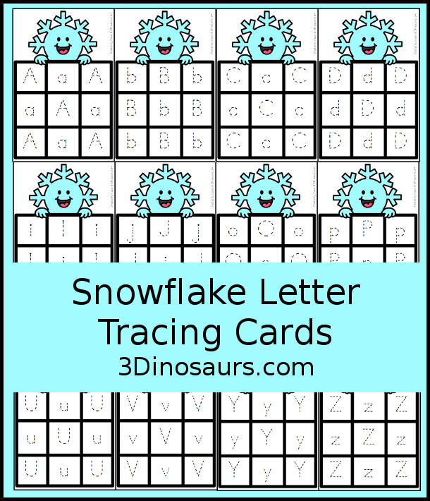 Free Snowflake ABC Tracing Cards with a 3 by 3 tracing rows of uppercase and lowercase letters. A fun way to change up handwriting for kids. - 3Dinosaurs.com