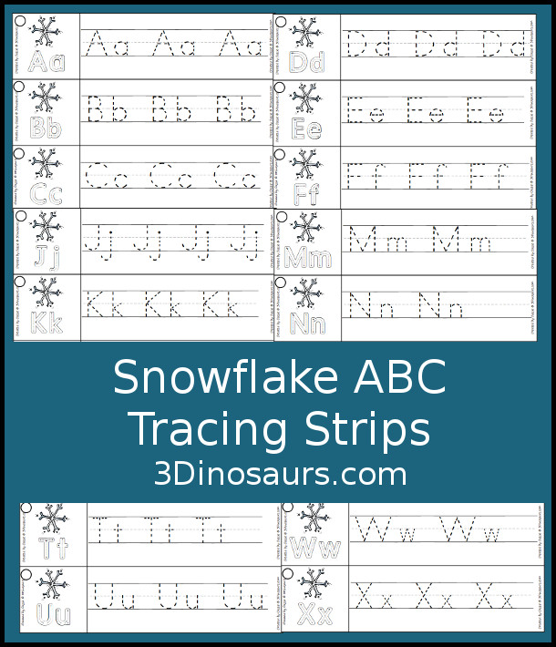 Free Snowflake Theme ABC Tracing Strips - with uppercase and lowercase together. You have fun kids with a snowflake plus you can see an example of how to trace the letters - 3Dinosaurs.com