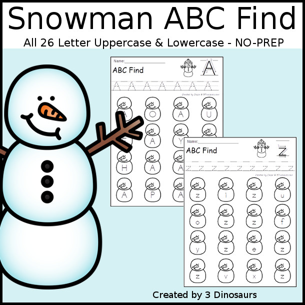 Snowman ABC Letter Find Printable - with all 26 letters of the alphabet with tracing the letters and finding the letters on the snowmen. Works great for a winter alphabet printable - 3Dinosaurs.com