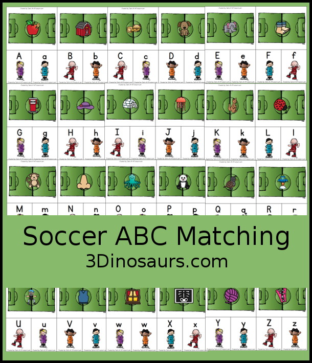 Free Soccer ABC Matching Printable - Matching Uppercase letters and lowercase letters with a picture that begins with that letter sound. - 3Dinosaurs.com