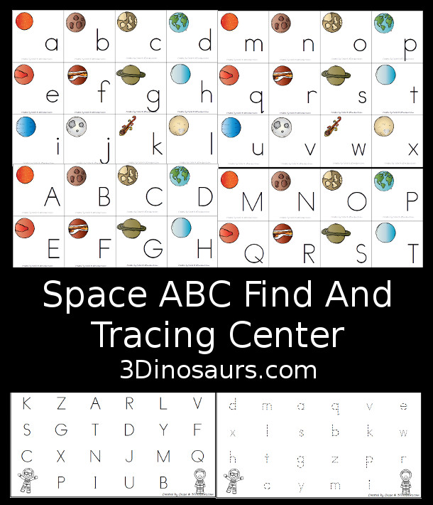 Free Space ABC Find And Tracing Center - a fun ABC learning center with uppercase and lowercase options with find and color and find and trace options - 3Dinosaurs.com