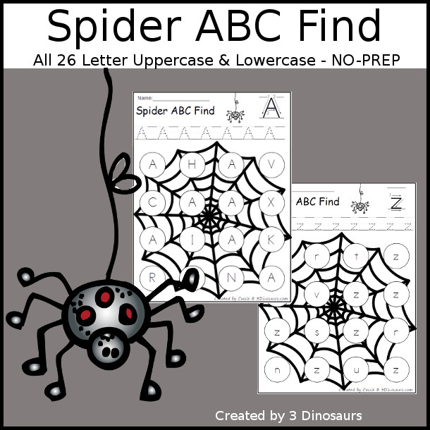 ABC Find and Dot Spider Webs: Print & Cursive – 3 Dinosaurs