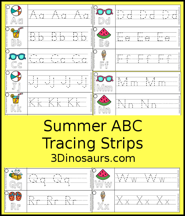 Free Summer ABC Tracing Strips - with uppercase and lowercase together. You have fun summer themes plus you can see an example of how to trace the letters - 3Dinosaurs.com