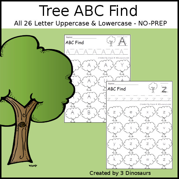 Tree ABC Letter Find Printables - All 26 letters of the Alphabet - with tracing and then finding the letters with uppercase option and lowercase options for kids working letters. This is great for prek and kindergarten - 3Dinosaurs.com