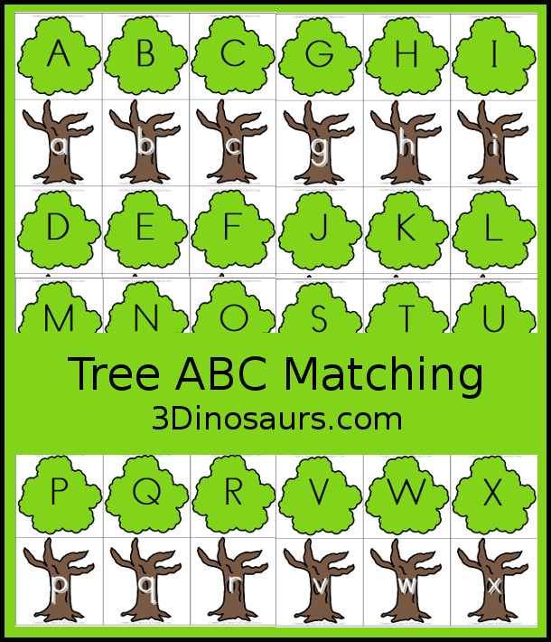 Free Tree ABC Matching Printable - matching uppercase letters on the top of the tree with lowercase letters on the tree trunk. - 3Dinosaurs.com