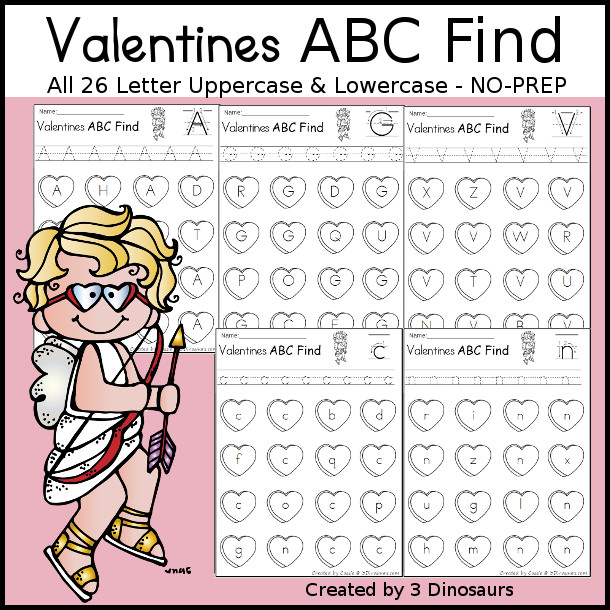 Valentine's ABC Letter Find Printable - It works on uppercase and lowercase letters with tracing and then finding the letter it has all 26 letters of the alphabet  - 3Dinosaurs.com