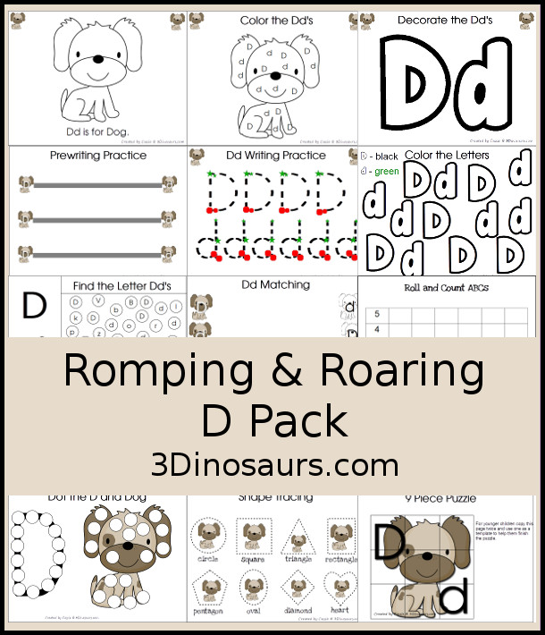 Free Romping & Roaring D Pack Letter Pack: D is for D - a letter D pack that has prewriting, finding letters, tracing letters, coloring pages, shapes, puzzles, and more to help kids learn their letter of the alphabet - 3Dinosaurs.com