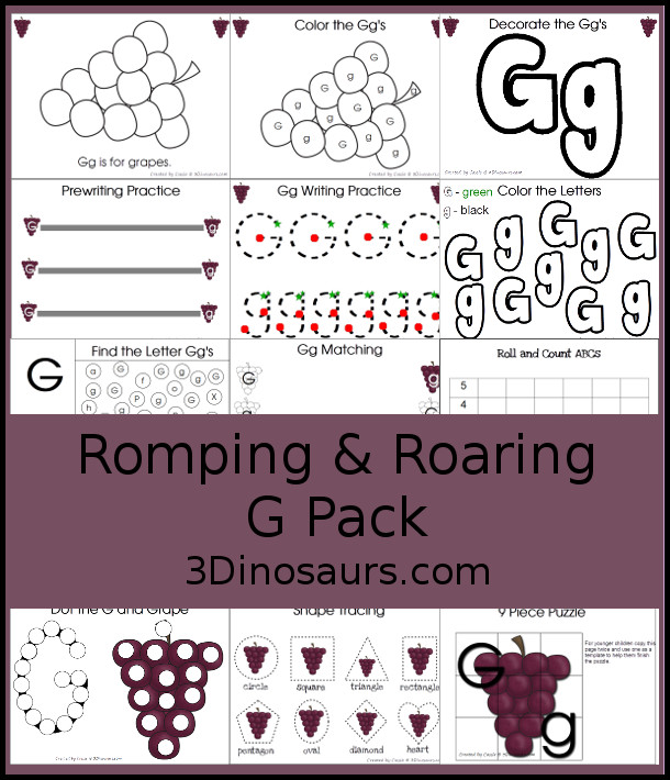 Free Romping & Roaring G Pack - G is for Grapes theme with prewriting, writing, puzzles, dot marker letters, letter finds and more - 3Dinosaurs.com