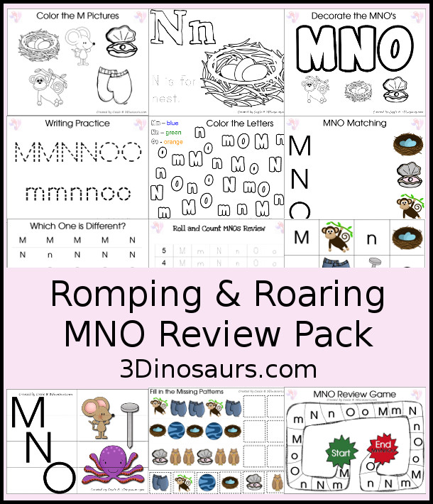 Free Romping & Roaring MNO Review Pack - with letter m, letter n, and letter o printables for reviewing the three letters with tracing, puzzles, coloring pages, finger puppets, game and more- 3Dinosaurs.com