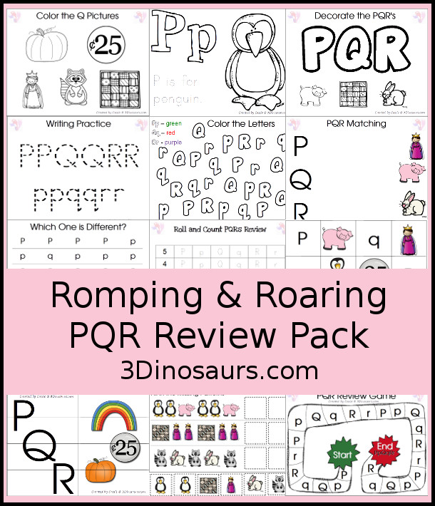 Free Romping & Roaring PQR Review Pack- with letter p, letter q, and letter r printables for reviewing the three letters with tracing, puzzles, coloring pages, finger puppets, game and more- 3Dinosaurs.com