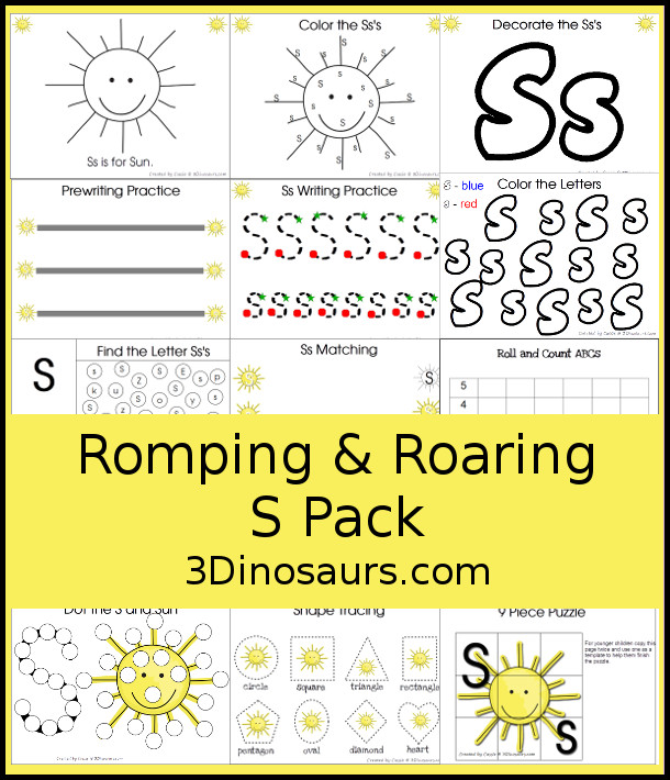 Free Romping & Roaring S Pack Letter Pack: S is for Sun - a letter S pack that has prewriting, finding letters, tracing letters, coloring pages, shapes, puzzles and more - 3Dinosaurs.com