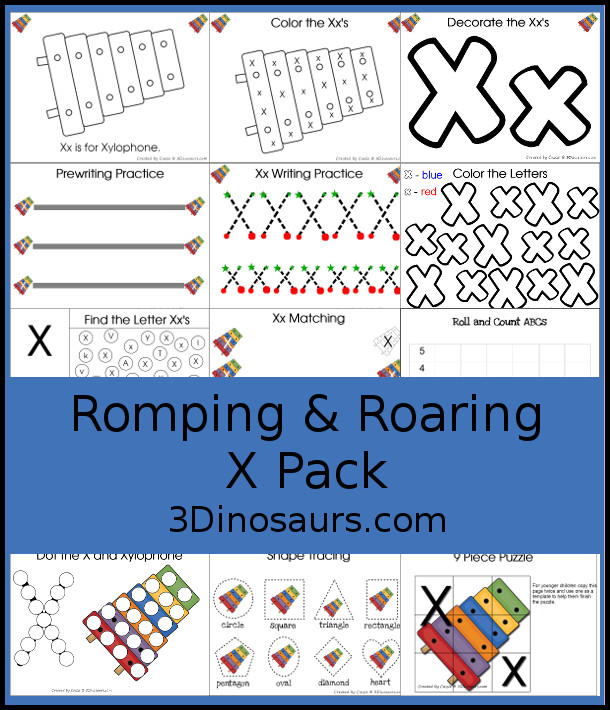 Free Romping & Roaring X Pack Letter Pack: X is for Xylophone - a letter X pack that has prewriting, finding letters, tracing letters, coloring pages, shapes, puzzles and more - 3Dinosaurs.com