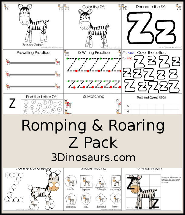 Free Romping & Roaring Z Pack Letter Pack: Z is for Zebra - a letter z pack that has prewriting, finding letters, tracing letters, coloring pages, shapes, puzzles, and more - 3Dinosaurs.com