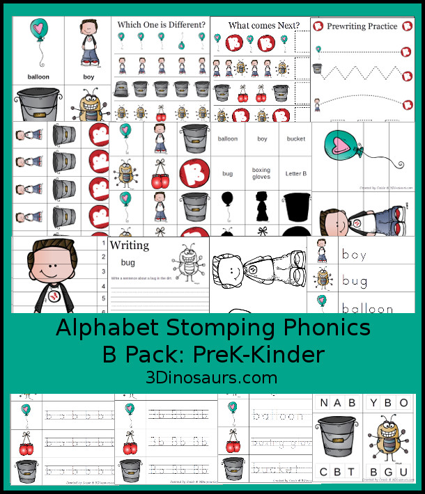 Free Alphabet Stomping Phonics B Prek-Kinder Pack - 30 pages of printables - 3Dinosaurs.com