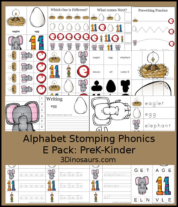 Free Alphabet Stomping Phonics E Prek-Kinder Pack - 30 pages of printables - 3Dinosaurs.com