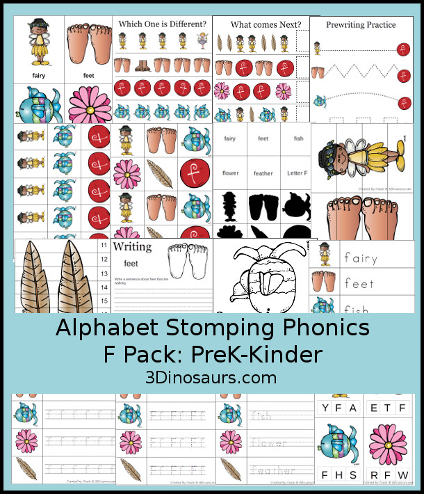 Free Alphabet Stomping Phonics F Prek-Kinder Pack - 30 pages of printables - 3Dinosaurs.com