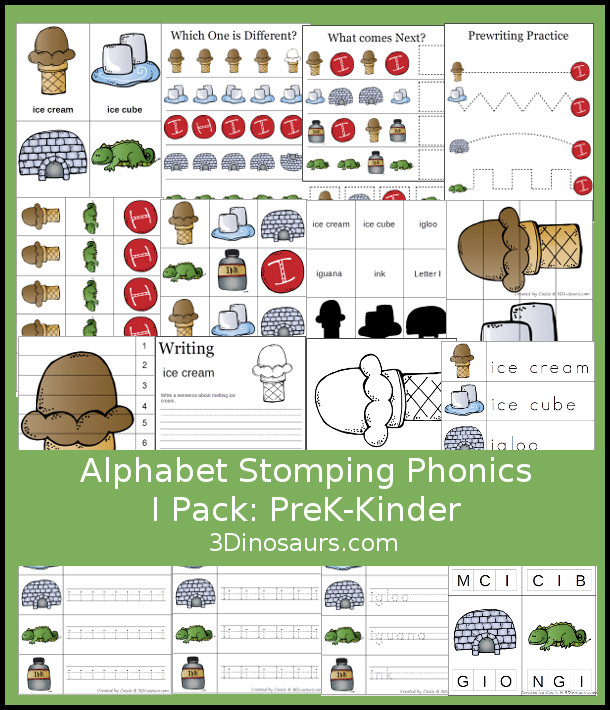 Free Alphabet Stomping Phonics I Prek-Kinder Pack - 30 pages of printables - 3Dinosaurs.com