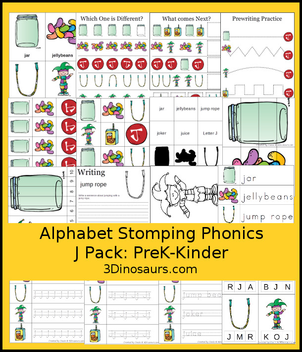 Free Alphabet Stomping Phonics J Prek-Kinder Pack - 30 pages of printables - 3Dinosaurs.com