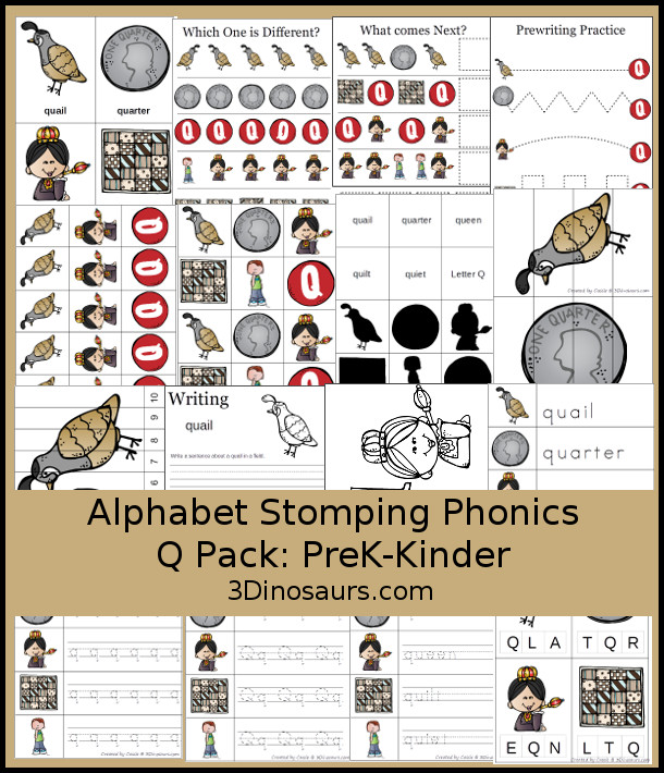 Free Alphabet Stomping Phonics P Prek-Kinder Pack - 30 pages of printables - 3Dinosaurs.com