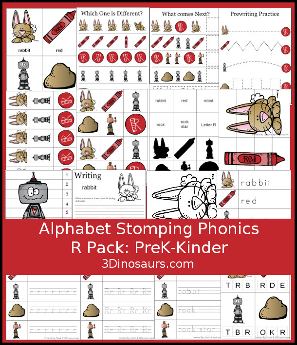 Free Alphabet Stomping Phonics R Prek-Kinder Pack - 30 pages of printables - 3Dinosaurs.com